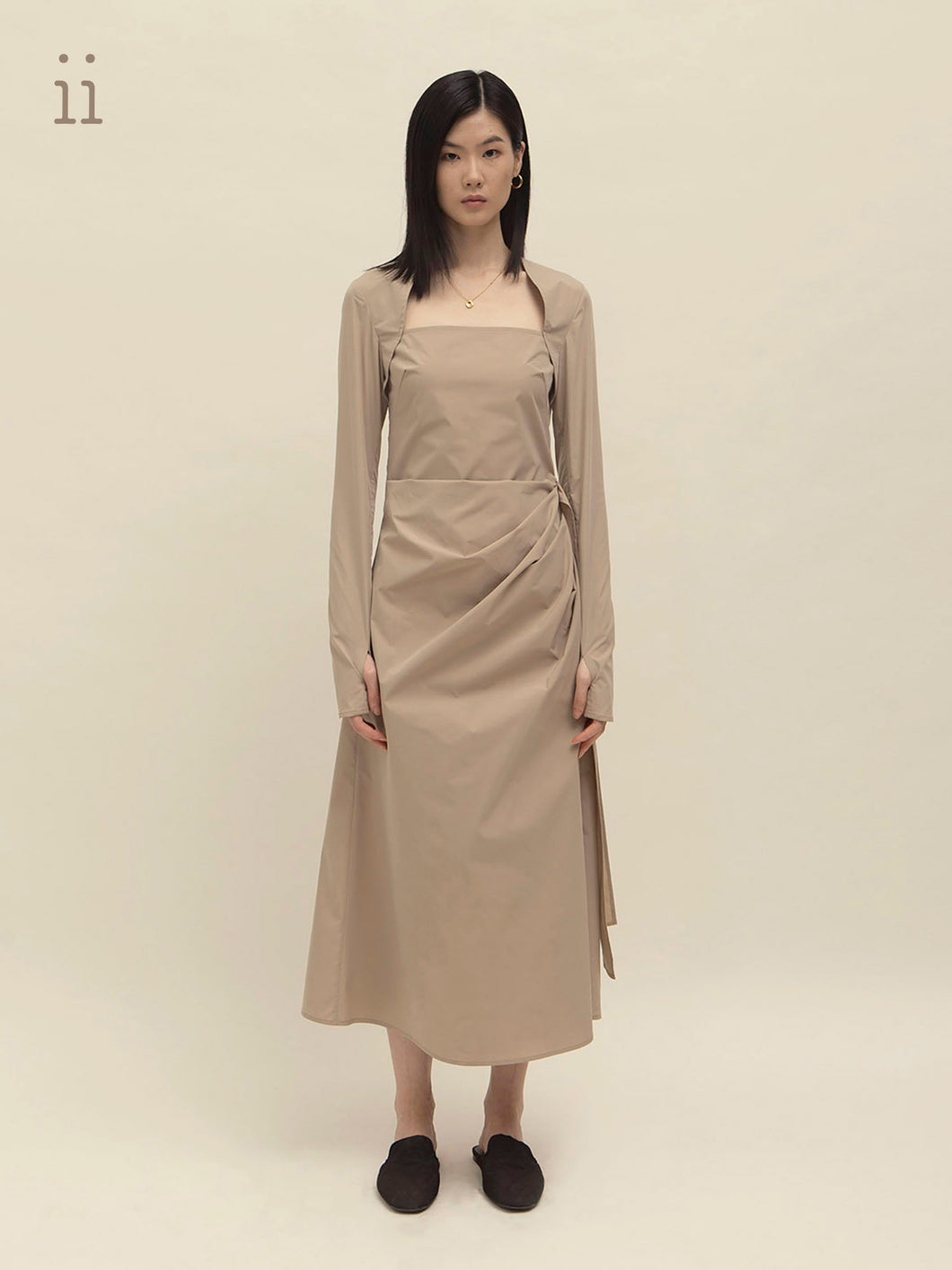 Khaki Shoulder Panel Pleat Dress